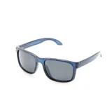 Lentes de sol rectangulares con marco de acetato azul translúcido y lentes grises.