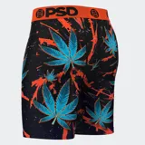 Calzoncillos bóxer PSD negros con estampado de hojas de marihuana azules y detalles en naranja.