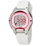 Reloj digital Casio LW200-7AVDF con caja plateada y detalles en rosa, correa de resina blanca y pantalla LCD con números rojos.