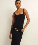 Vestido midi negro de punto roma, con escote cuadrado y corte ajustado.