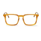 Lentes de lectura con armazón de acetato en color ámbar con acabado traslúcido y diseño cuadrado.