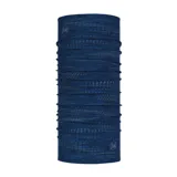 Cuello tubular Buff Dryflx azul con diseño de líneas horizontales en gris. Fabricado con materiales reciclados, tecnología Ultra-Stretch y reflectividad 360°.