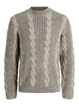 Sweater de punto con manga larga, cuello redondo y fit relajado. Presenta un diseño con textura acanalada y trenzas verticales, con puños y cuello acanalados.