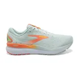 Championes de running Brooks Ghost 16, color celeste con detalles en naranja y amarillo.