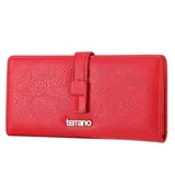 Billetera amarilla de cuero sintético con cierre de presilla y logo metálico de la marca Terrano. Interior con múltiples compartimentos para tarjetas y billetes.