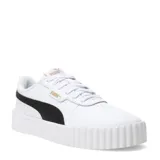 Championes urbanos Puma modelo Carina 3.0, de diseño inspirado en el estilo tenis de los años 80. Presentan una silueta de plataforma con exterior en color blanco, detalle de franja lateral en negro y logo en dorado. Cuentan con plantilla SOFTFOAM+ para mayor amortiguación y confort.