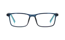 Anteojos de receta con armazón rectangular de acetato en color azul traslúcido, con patillas que combinan el exterior azul y el interior en color turquesa.