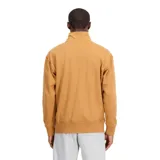 Buzo marrón de cuello alto con cierre de cremallera hasta el pecho y logo bordado en blanco.