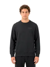 Buzo de cuello redondo en color negro, confeccionado en tejido french terry. Presenta un diseño minimalista con el logo de la marca sutilmente estampado en el pecho y puños acanalados.
