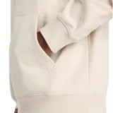 Buzo con capucha de felpa francesa color beige claro, con bolsillo canguro frontal y logo de New Balance estampado en el pecho.