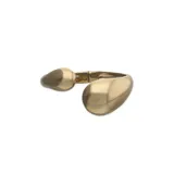 Pulsera rígida dorada bañada en oro de 18k, con diseño abierto y extremos en forma de gota de diferentes tamaños.