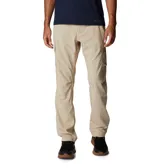 Pantalón cargo de senderismo color beige, con cintura elástica parcial, cinturón integrado, múltiples bolsillos con cierre y velcro, y refuerzo en la entrepierna.
