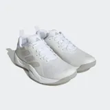Championes de entrenamiento Adidas Rapidmove, color blanco con detalles en gris claro, diseñados para movimientos dinámicos y multidireccionales. Presentan una parte superior de punto transpirable, entresuela de EVA para soporte y un sistema de torsión asimétrico.