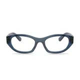 Lentes Miu Miu modelo 03W, con armazón de acetato color azul translúcido de diseño rectangular y bordes redondeados.