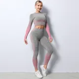 Remera deportiva de manga larga con diseño crop top, confeccionada en tejido sin costuras con efecto degradado en tonos gris y rosado. Presenta aberturas para los pulgares en los puños.