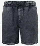 Bermuda de jeans de hombre, color negro con efecto desgastado o acid wash, de corte holgado. Posee cintura elástica con cordón de ajuste y bolsillos laterales.