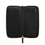Billetera tipo continental de cuero negro con cierre perimetral dorado. El interior cuenta con múltiples ranuras para tarjetas, compartimentos para billetes y un bolsillo central con cierre.