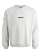 Buzo de manga larga con cuello redondo y calce relajado, color blanco melange jaspeado. Presenta un pequeño bordado en el pecho con el texto "Originals Studio".