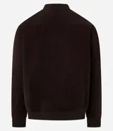 Campera bomber azul marino de pana con cuello redondo, cierre con botones a presión, bolsillos laterales y puños y cintura elastizados.