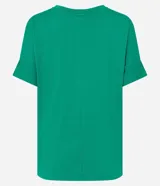Blusa básica de viscosa color azul marino, con cuello redondo y mangas cortas de diseño cuadrado sin sisas.