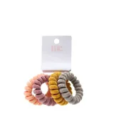 Pack de cuatro gomitas de pelo tipo espiral, cubiertas de tela suave, en colores naranja, rosado, amarillo y gris.