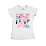 Remera blanca de corte entallado con estampa frontal de Jigglypuff, personaje de Pokémon, acompañada de elementos gráficos y texto en estilo anime.