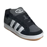 Championes Adidas Campus 00S Beta, de estilo skate, con capellada en tonos de gris y negro, tres franjas blancas y suela de goma color caramelo.