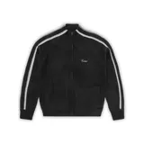 Campera de tejido de punto color negro con cierre frontal completo. Presenta rayas laterales en color gris en ambas mangas y el logo de la marca bordado en el pecho.