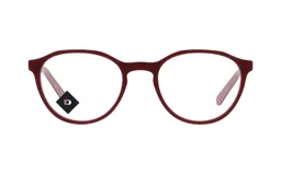 Armazón de anteojos de diseño redondo, fabricado en acetato color rojo mate con interior en tono rosado.