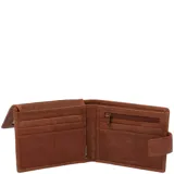 Billetera de cuero marrón RKF, modelo Volante, con cierre de presilla y logo grabado en relieve.