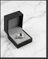 Anillo de plata 925 con diseño floral calado, engastado con una piedra central ovalada de circonia negra y pequeñas circonias blancas alrededor.