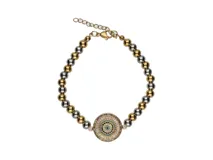 Pulsera de acero con baño de oro y dije central redondo multicolor con circonitas.