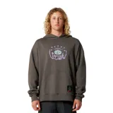 Buzo tipo canguro de algodón en color gris, con capucha y bolsillo frontal tipo canguro. Presenta un estampado gráfico central en tonos violeta y verde agua, además de una etiqueta decorativa en la parte inferior.