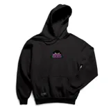 Canguro negro con capucha y bolsillo tipo canguro, confeccionado con felpa suave. Presenta un parche bordado en el pecho con diseño de monstruo y texto.