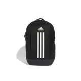 Mochila Adidas negra con tres tiras blancas verticales en el frente. Cuenta con múltiples bolsillos y compartimento acolchado para laptop.