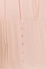 Top de georgette semitransparente color rosado, con cuello redondo, mangas cortas abullonadas y cierre frontal con botones. Presenta detalles de alforzas en la parte inferior.