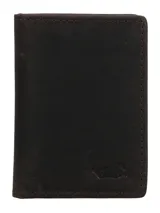 Billetera bifold de cuero natural color marrón oscuro, con diseño minimalista y logo de pato grabado en la esquina inferior. Cuenta con múltiples compartimentos internos para tarjetas y forro de poliéster reciclado.