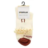 Calcetín de mujer Caterpillar tipo crew, color crema, con detalle de herradura bordada en marrón y puño con volado. La puntera y el talón son de color marrón oscuro.