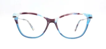 Armazón para lentes Triveo 204/53 col 03, con forma de ojo de gato, de acetato color celeste, blanco y marrón.