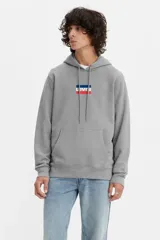 Buzo hoodie gris de Levi's con logo rectangular con la palabra "Levi's" en blanco, enmarcada por una línea azul y una línea roja.