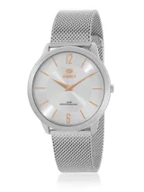 Reloj analógico Marea con caja de acero inoxidable y malla de acero tipo milanesa. Esfera plateada con índices y agujas en tono cobre, movimiento japonés de dos agujas y resistencia al agua de 3 ATM.