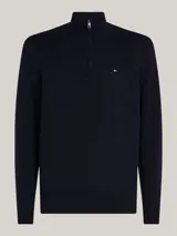Sweater azul marino Tommy Hilfiger de punto liso, con cuello perkins, cierre de cremallera de un cuarto y logo bordado en el pecho.