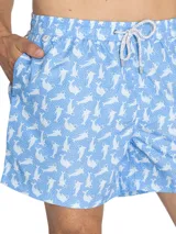 Short de baño celeste de RKF con estampado de focas blancas, cintura elástica con cordón ajustable y bolsillos.