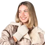 Guantes de punto sin dedos, de color beige, con puño acanalado y abertura para el pulgar.