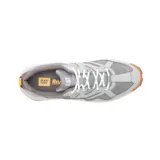 Championes Caterpillar modelo Grapple Leather Mesh, color gris con suela de goma marrón y detalles en blanco y naranja. Confeccionados en una combinación de malla transpirable y paneles de cuero sintético, con cordones blancos.