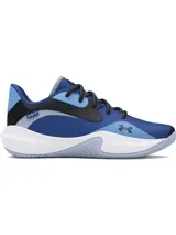 Championes de básquetbol Under Armour Lockdown 7 Low, con diseño de corte bajo. Presentan una combinación de colores azul, negro y detalles en celeste, con entresuela blanca de EVA para amortiguación y suela de caucho con patrón de tracción en espiga.