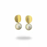 Aros colgantes con diseño de cabezal circular en metal dorado opaco y perla esférica de resina en la parte inferior.