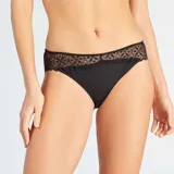 Braguita clásica negra de microfibra con cintura de encaje floral.