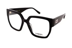 Lentes de receta Lancel con armazón de acetato negro de forma cuadrada y patillas anchas con detalle metálico dorado.
