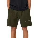 Short de baño color verde militar, de corte recto y largo a la rodilla, con cintura elástica y bolsillos laterales. Presenta el logo "Rivvia Projects" en blanco en la pierna derecha.